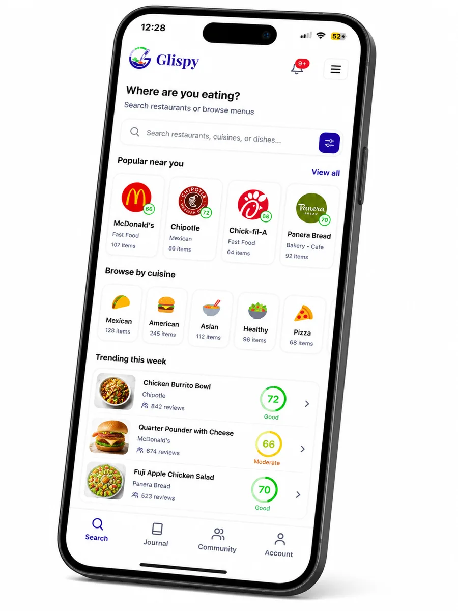 The Glispy app showing restaurant search with GLP-1 Food Scores for popular chains and trending menu items.
