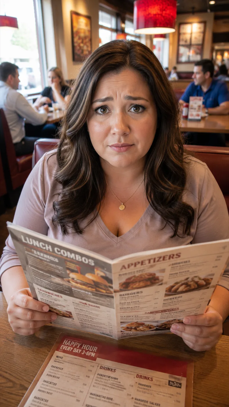 A woman sitting alone in a busy restaurant booth, holding a menu and looking uncertain.